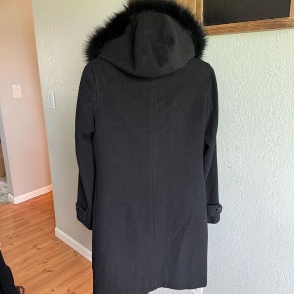 Ellen Tracy Wool Blend Blue Fox Fur Lined Hooded Button Up Overcoat Evening 4 - Picture 2 of 6